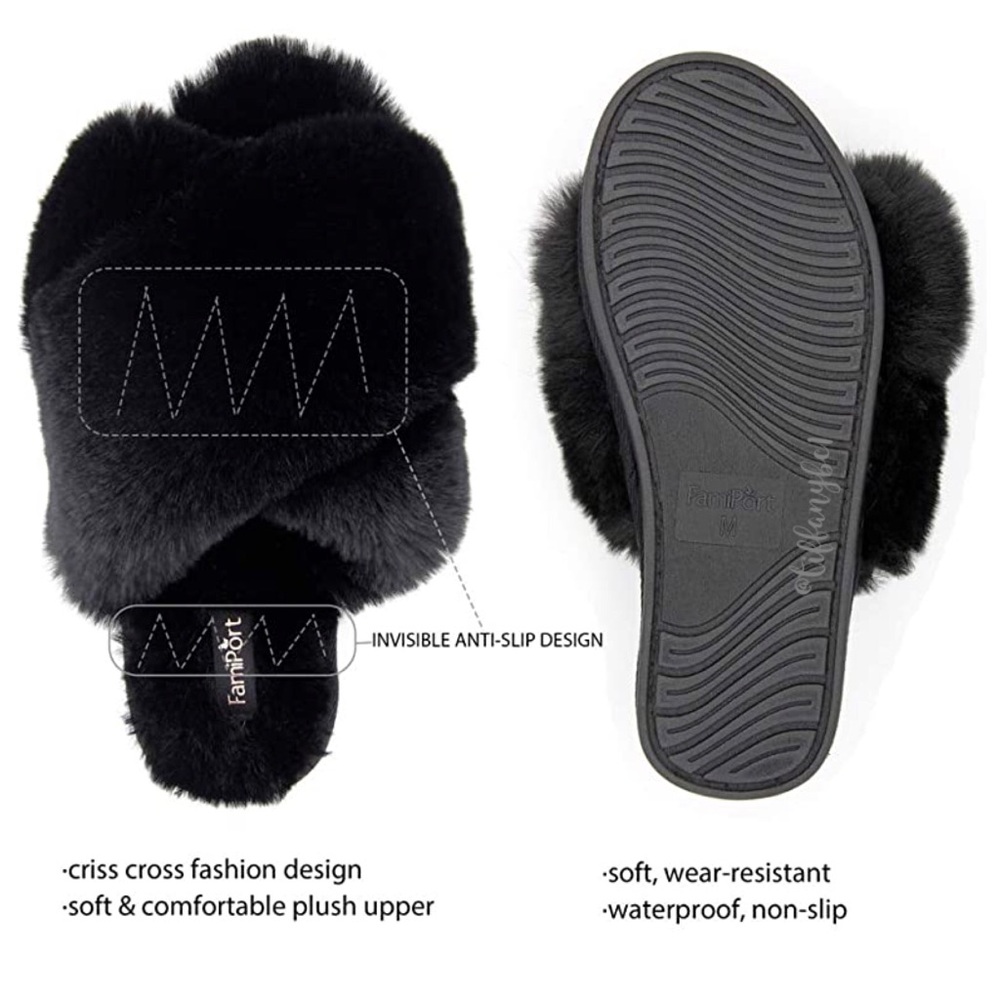 Fluffy Faux Bunny Fur Cross Band Slippers Black - Picture 2 of 8